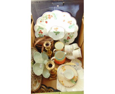 A large boxed Royal Worcester crudité dish of circular form with printed strawberry decoration, a Flemish green pattern five 