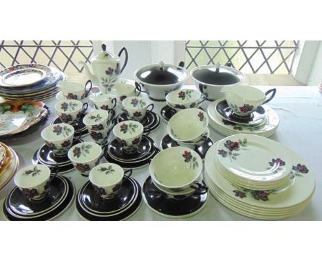 A quantity of Royal Albert Masquerade pattern dinner, coffee and tea wares comprising a pair of two handled tureens and cover