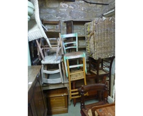 A large collection of miscellaneous furniture including a two tier mahogany washstand, vintage wicker laundry basket, several