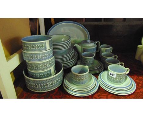 A quantity of Hornsea Tapestry pattern dinner and coffee wares in a pale blue colourway including an oval meat plate, circula