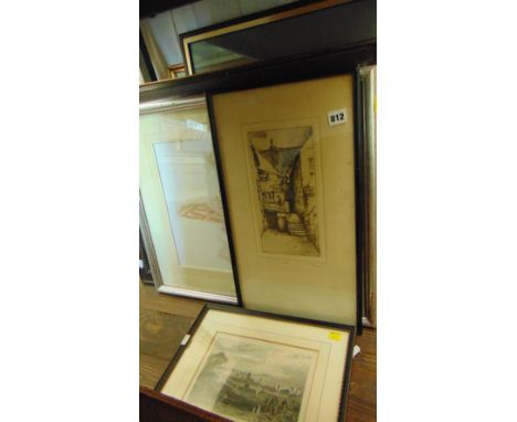 A black and white etching of a woman kneeling before a fireplace accompanied by a sleeping dog, signed bottom right Denise Br