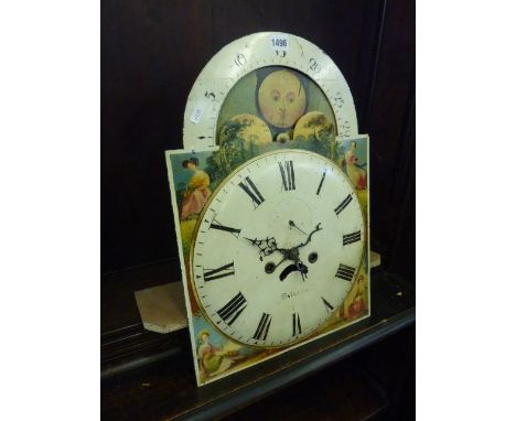 A 19th century broken arch painted longcase clock dial, 36 cm wide with rolling lunar phase and painted spandrels with eight 