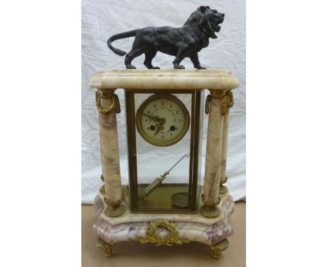 A mid-19th century classical portico mantel clock in coloured marbles with 8-day striking movement, with painted dial and sim