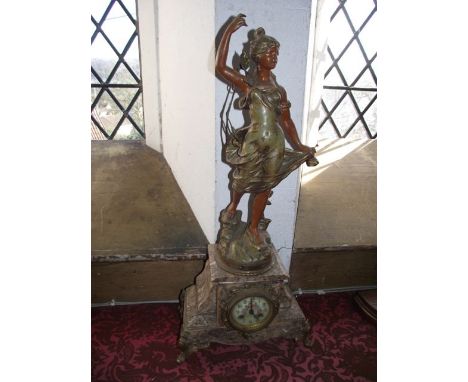 A 19th century marble and spelter mounted mantel clock with painted dial, with applied figure (Larose) depicting a young girl