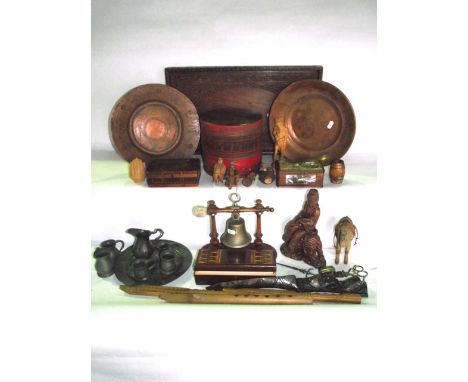 A miscellaneous collection to include an antique pewter plate, miniature tankard, brass witch shears, copper plates together 