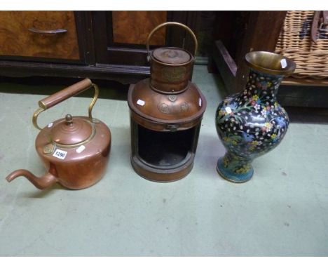A 19th century copper kettle, a copper maritime stern lantern by Viking and a Chinese cloisonne vase with bird and floral det