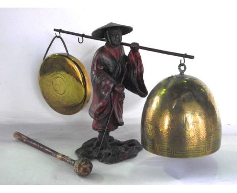 A 19th century painted cast metal dinner gong in the form of a standing oriental male figure in cloak and wide brimmed hat ho