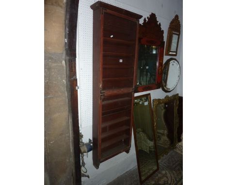 A pine wall mounted display cabinet enclosed by two glazed panelled doors and enclosed teak shelf (ideal for the display of m