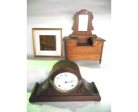 An American timber cased mantle clock with enamelled dial together with miniature dressing table presented as a bank of two s