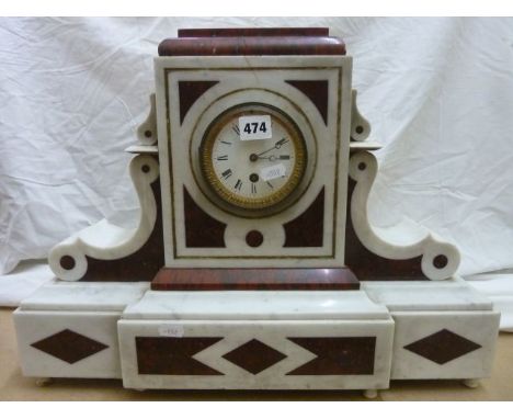 A mid-19th century white and red marble mantel clock in a classical style with 8-day timepiece