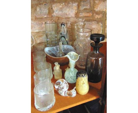 A set of six 20th century moulded clear glass beakers with geometric frosted detail together with Studio Glass vases, a smoke