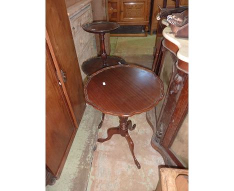 A reproduction Georgian style two tier occasional table on turned pillar and tripod, a further similar table, four Ercol styl