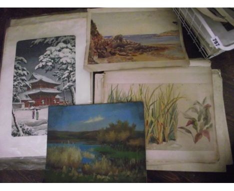 A collection of unframed 19th century and other watercolours, prints, etc, including watercolours inscribed Flood-Page and da