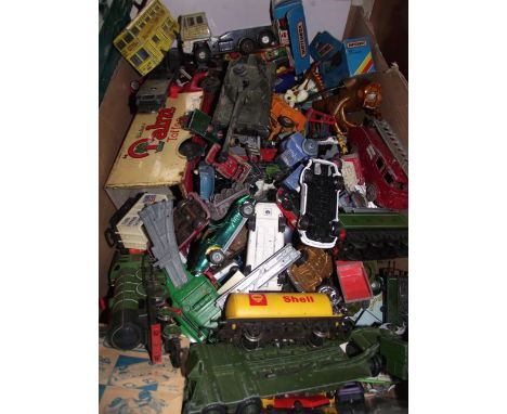 A box containing a substantial collection of vintage die cast model vehicles to include fire engine 955 and other examples by