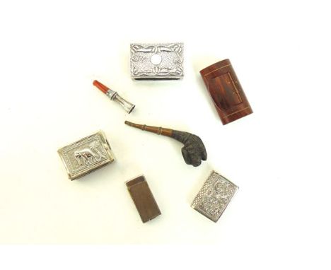 A silver match box case, a further Indian example, a plated example in book form, a Dunhill lighter and rosewood snuff box, e
