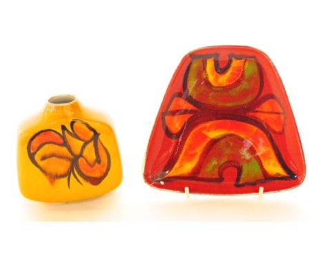 A Poole Pottery yellow ground vase of shouldered form with abstract painted orange and black decoration, with printed mark to