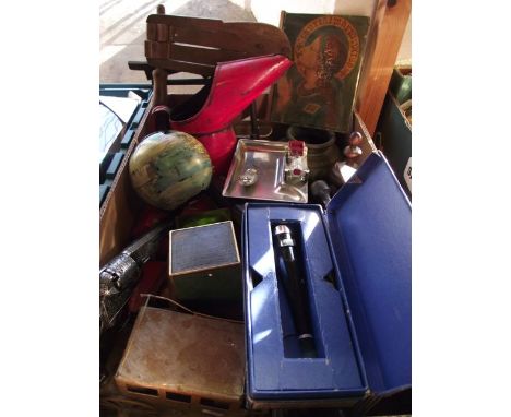 A boxed miscellaneous collection to include a painted Esso fuel can, a small devotional oil painting on canvas detailing Sant