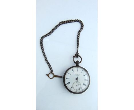 An English silver open-faced pocket watch, London, 1871, the white enamelled dial with black Roman numerals, subsidiary dial 