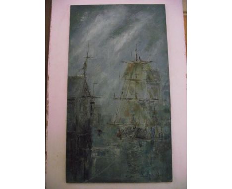 An interesting collection of pictures including an oil painting on board of a marine scene with sailing boats, signed bottom 