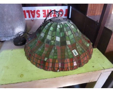 A leaded light ceiling shade with mosaic coloured glass panels, 50 cm diameter