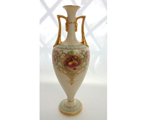 A Royal Worcester ivory ground two handled vase of slender tapering ovoid form, with central painted panel of pears and cherr