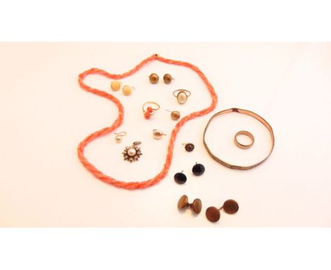 A Victorian style gold-plated bangle; a coral necklace; a coral ring; a pair of cufflinks; four pairs of various earrings; et