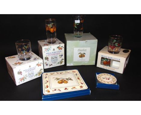A selection of boxed Evesham pattern hand painted glass wares produced for Royal Worcester to include two sets of four highba