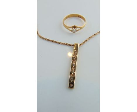 A 9ct gold bar pendant, highlighted with five single-cut diamonds, on a 9ct gold rope-twist necklace, 4.2g; and an 18ct gold 