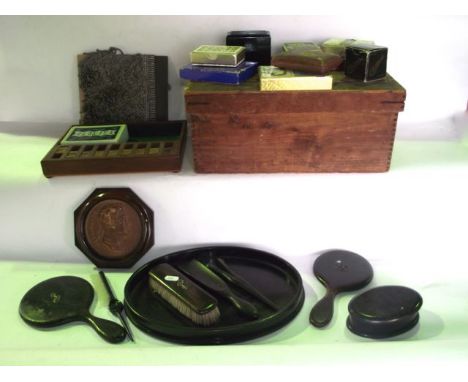 A quantity of stained timber dressing table wares together with a framed paperwork panel of Wellington, a quantity of vintage