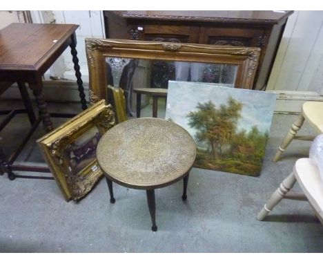 A miscellaneous collection including stone jars, an octagonal terrarium, mirror, brass coal scuttle, clock, sundry pictures, 