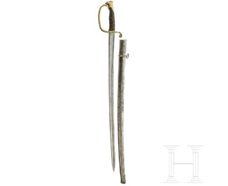Säbel M 1845 für Offiziere der französischen Infanterie  Gekehlte Rückenklinge mit Zug. Messinggefäß mit Hornhilze, Kupferdra