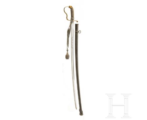 Säbel M 1855 für Offiziere der Infanterie  Vernickelte, leicht gekrümmte Klinge (feldmäßig geschärft) mit geätztem Treuebande