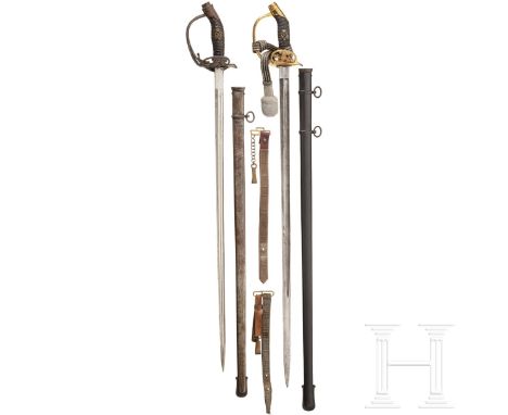 Zwei Degen M 1889 für Offiziere der Infanterie  Kriegsversion mit vernickelter Rückenklinge (etwas schartig, ohne Hersteller)