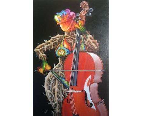 O Yemi Tubi, "Cellist : Let the Music", unframed oil on canvas, 2021, 30 x 20in. “Is anyone among you in trouble? Let them pr