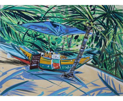 Pippa Cunningham, "Bianca's  Bar Jungle Beach  Unawatuna", unframed gouache on watercolour paper 2019, 56 x 76cm. From a seri