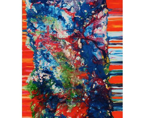 Jez Sugars, "Sunset Seascape", unframed oil on canvas, 2019, 44 x 36in. The moment the sunsets and a wave colludes with the l