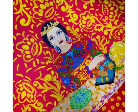 Hana Dujmovic, "Portrait of a woman in Red", unframed acrylic on canvas, 2021, 60 x 60cm. Inspired by Slavic culture and beau