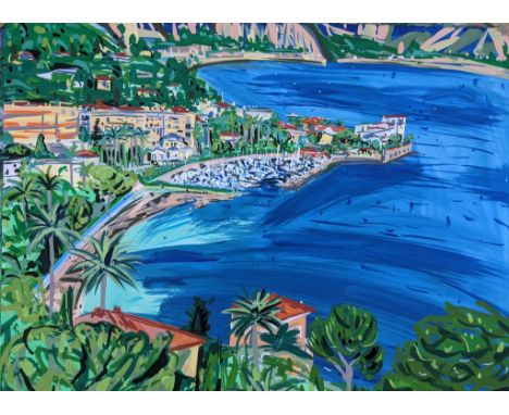 Pippa Cunningham, "View of Beaulieu sur Mer from Mary Lou's garden", unframed gouache on watercolour paper 2020, 56 x 76cm. F