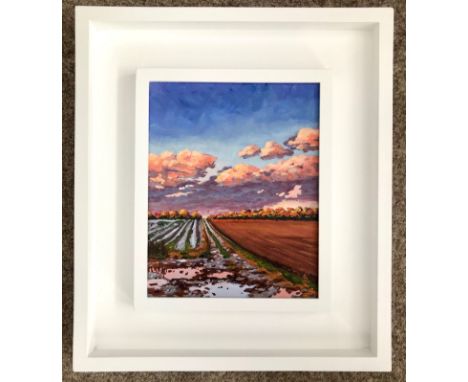 Alix Baker, "Autumn Evening Light", framed acrylic on canvas, 2020, 36 x 41cm framed. Working in Norfolk one autumn I saw thi