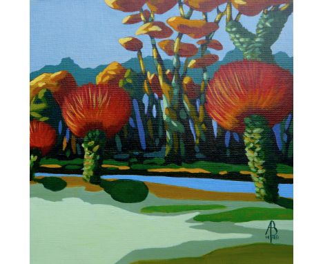 Alix Baker, "Autumn Light on Riverbank Willows", framed acrylic on canvas, 2015, 36 x 36cm framed. A small contemporary work 