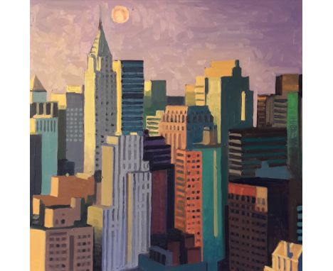 Andrew Halliday, "Blood moon over Manhattan", framed oil on board, 2018, 53 x 53cm framed. This painting was inspired by the 