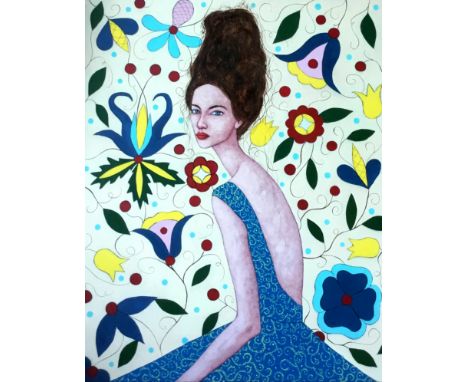 Mary Noga, "Kashubian beauty", unframed acrylic on canvas, 2019, 100 x 80cm.  The central composition, portrait of the girl p
