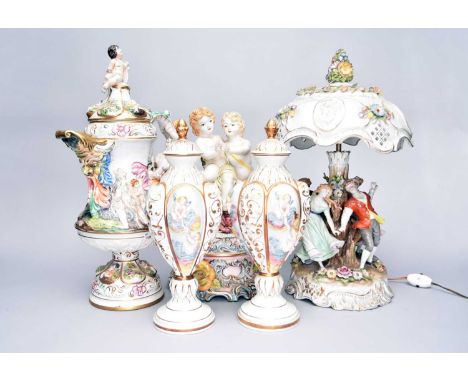 A group of Italian ceramicsincluding a large R Capodimonte Keramos Naples-style ewer and cover, decorated in relief, 57.5cm h