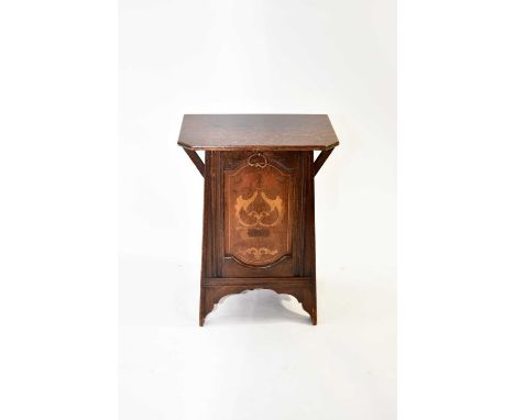 An Edwardian marquetry inlaid purdonium, the canted top above a tapering trunk with panelled pull-down door inlaid with styli