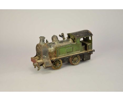 A late 19th/early 20th century model of steam engine locomotive, in green and black livery, lacking elements, damaged, 27cm l