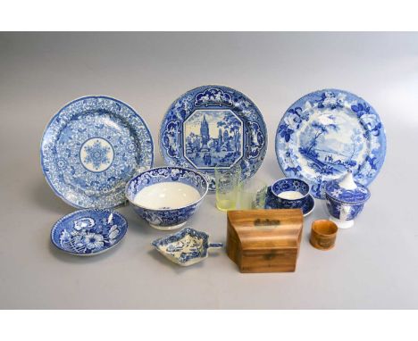 A mixed group of ceramics, glass and Mauchline warecomprising 19th century English blue and white transfer-printed pottery,, 