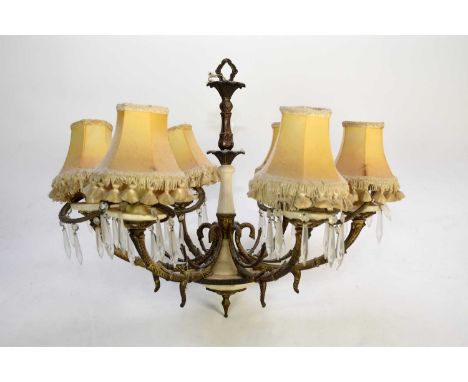 A gilt metal and alabaster six-light chandelier, foliate cast with six scroll branches issuing from a baluster stem, 57cm.