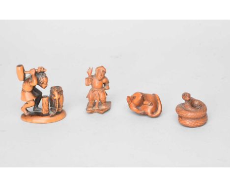 A Japanese carved wood netsuke, possibly signed Hosan, modelled as a curled serpent, 4cm, together with a wood netsuke of a r
