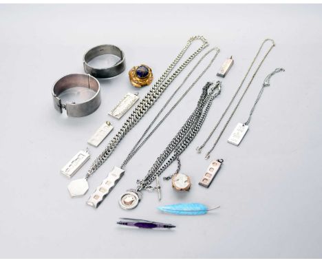 A light blue enamel bar brooch in the form of a feather, together with a purple enamel bar brooch, six silver ingot pendants,
