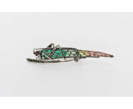 A 'plique-a-jour', marcasite and ruby set locust bar brooch, 70mm long